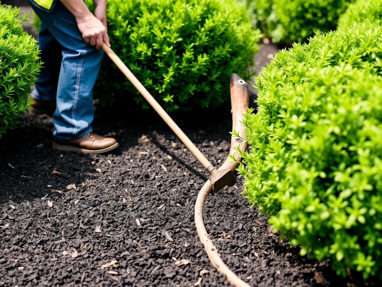 Landscaper spreading fresh dark mulch around trimmed shrubs